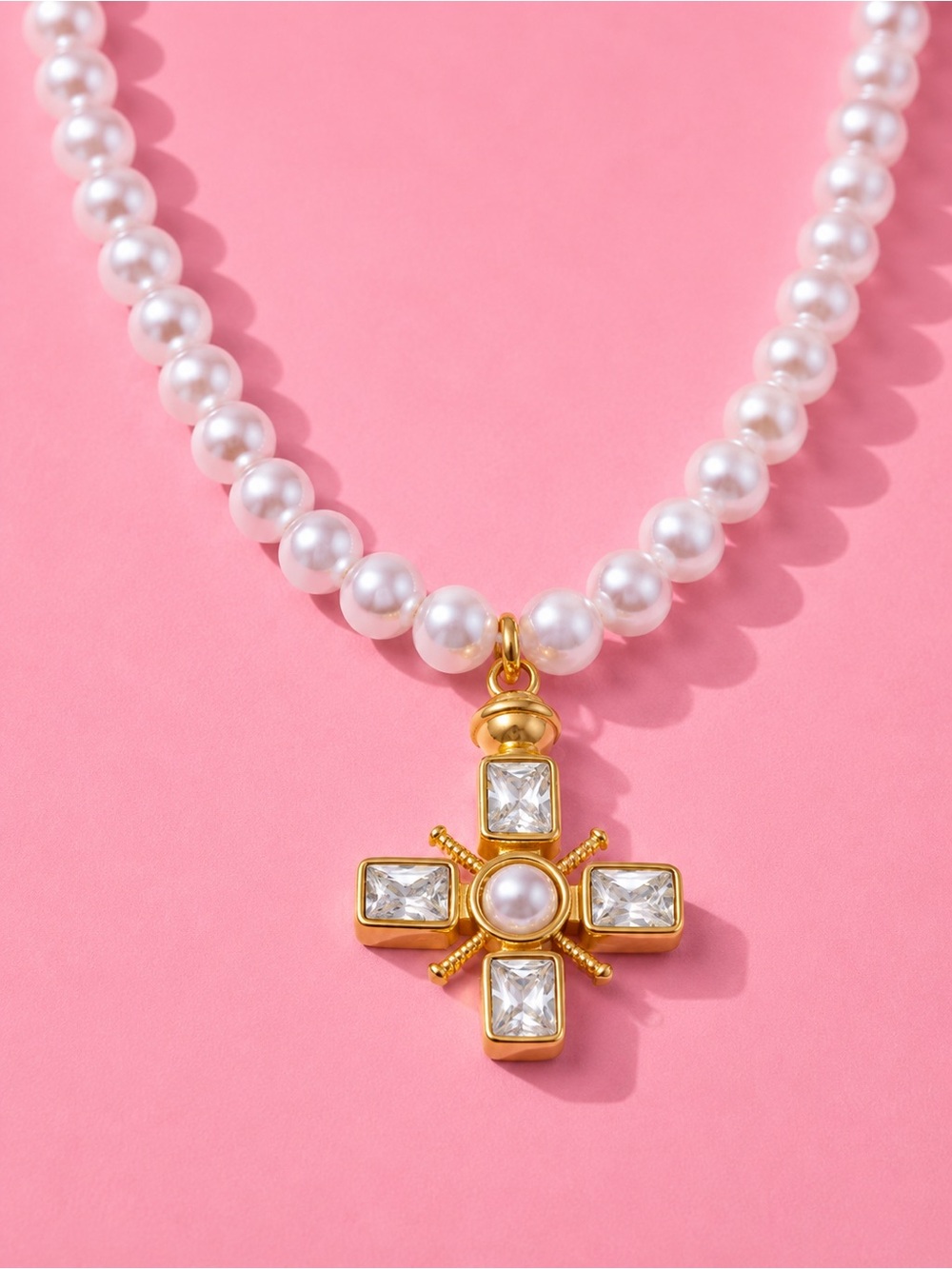 Timeless Pearl Cross Gold Necklace